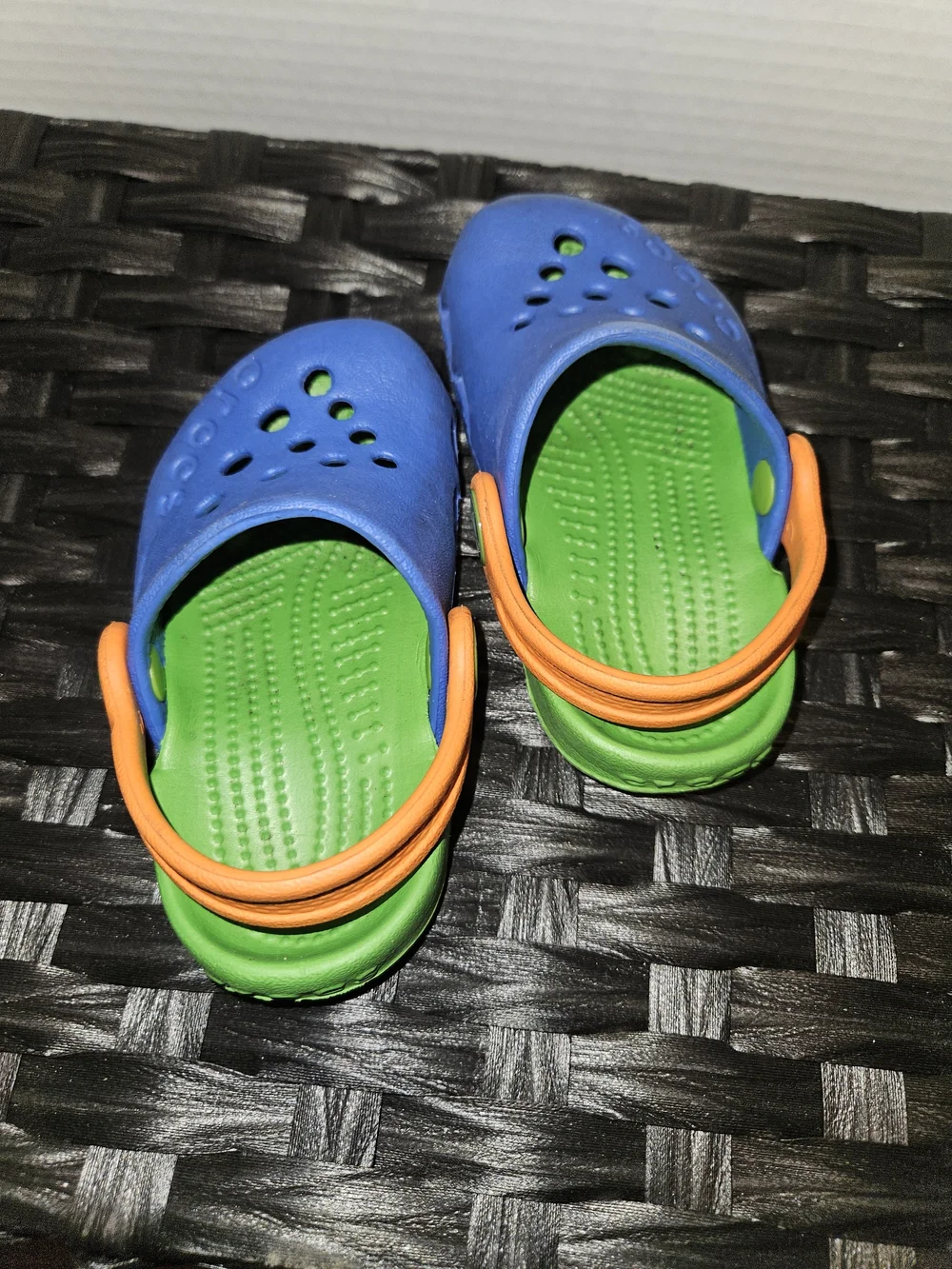 CROCS Kids Clog in Blue with Orange Strap and Green Footbed